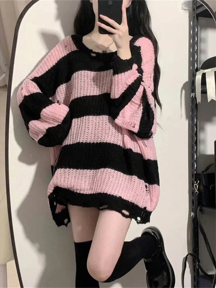 Deeptown  Pink Striped Vintage Knitted Sweater