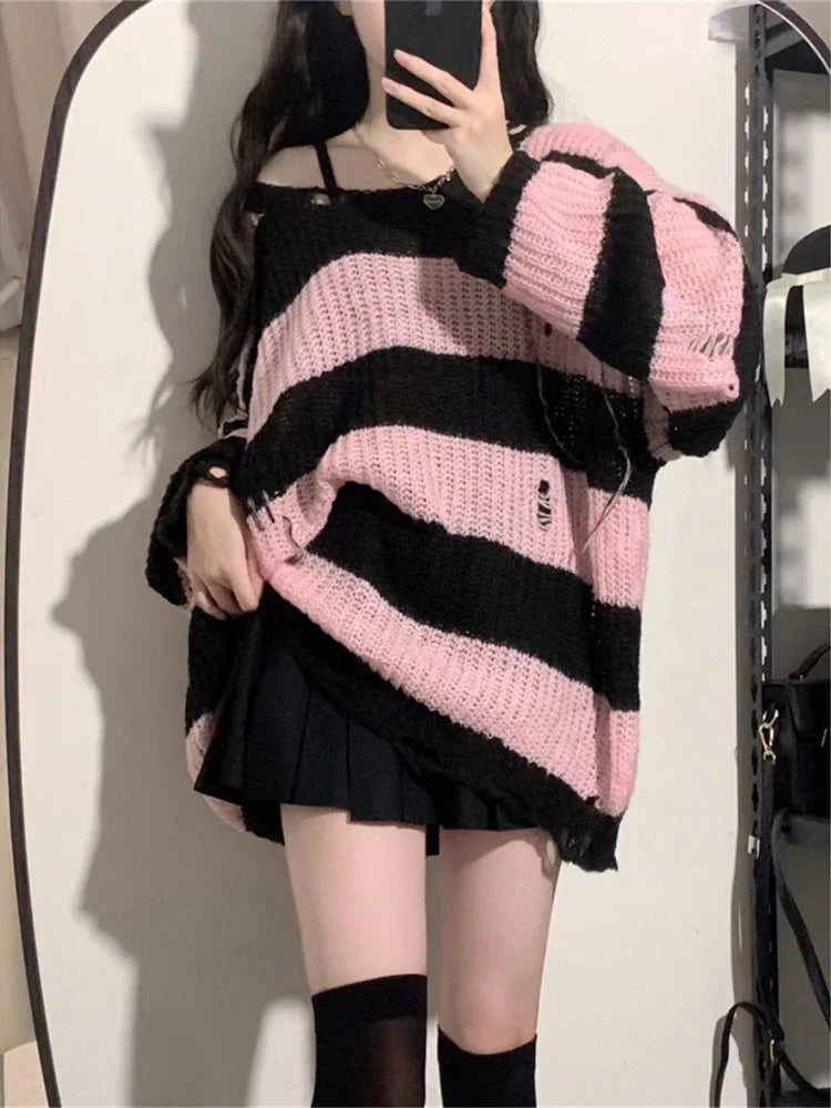 Deeptown  Pink Striped Vintage Knitted Sweater