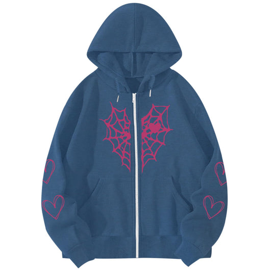 Pairxily Spider Web Graphic Zip Up Hoodie