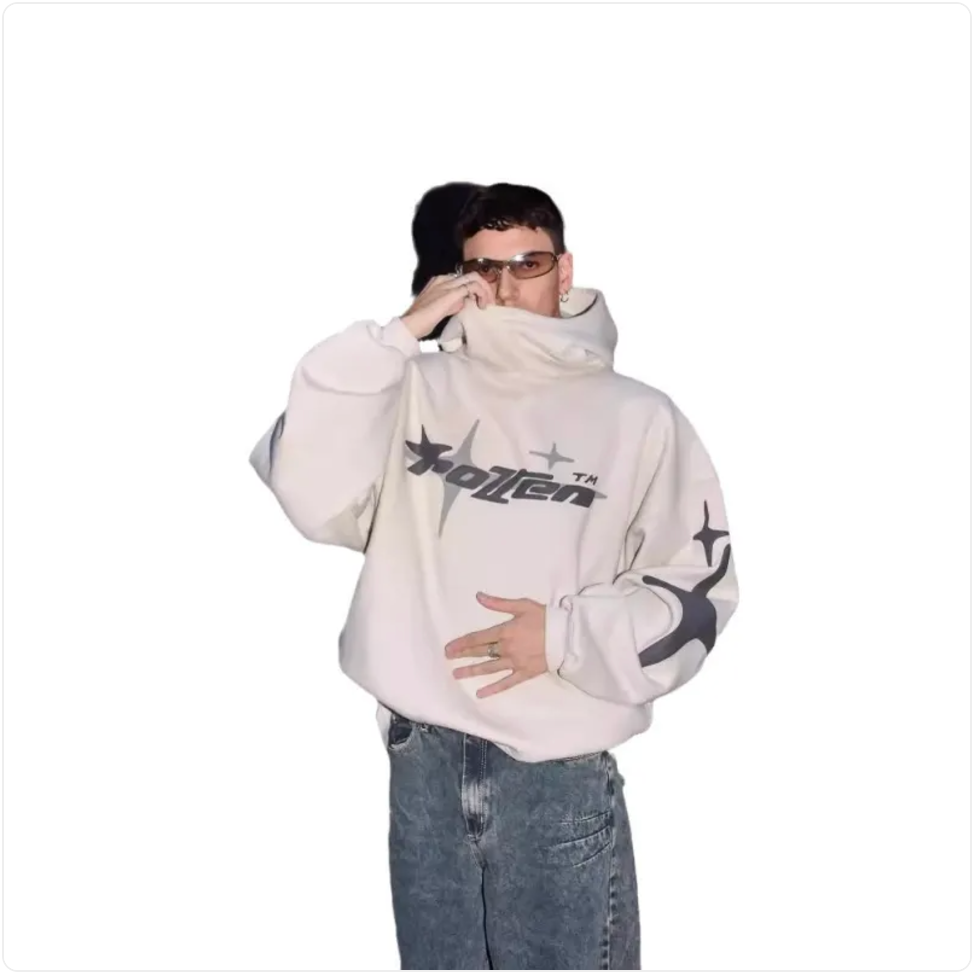 Loose-Fit  Star Letter Printed Turtleneck Hoodie