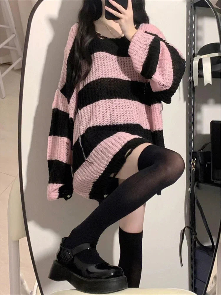 Deeptown  Pink Striped Vintage Knitted Sweater