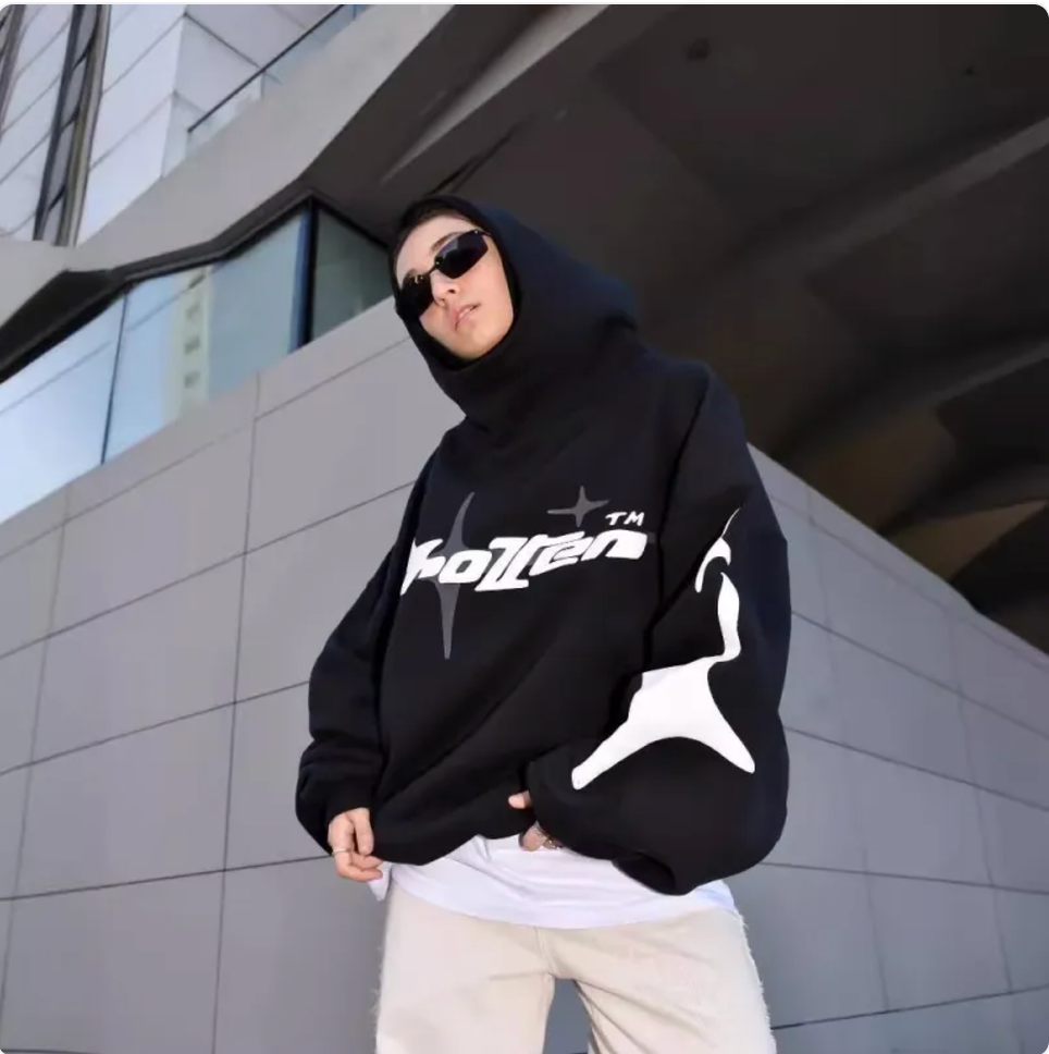Loose-Fit  Star Letter Printed Turtleneck Hoodie