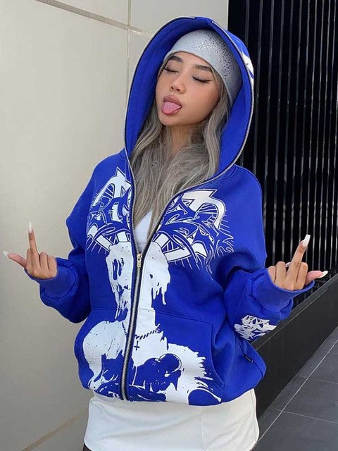 Harajuku EMO Skeleton Love Pattern Zipper Cardigan