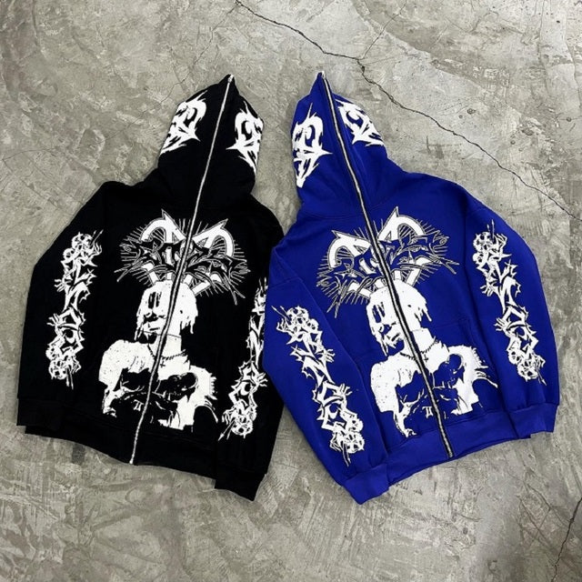 Harajuku EMO Skeleton Love Pattern Zipper Cardigan