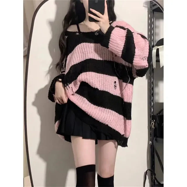 Deeptown  Pink Striped Vintage Knitted Sweater